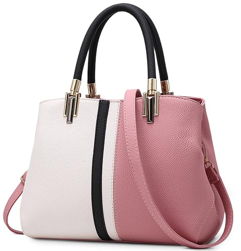 FOLOVEYA Handtasche Damen Mode Umhängetasche Elegant Spleißen Schultertasche Frauen Tote Taschen PU Leder Shopper Henkeltaschen für Reisen Arbeiten Schule Rosa