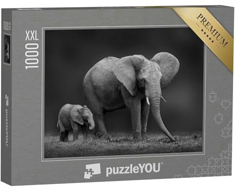 Puzzle 1000 Teile XXL „Afrikanische Elefantenmutter und Sohn“ – aus der Puzzle-Kollektion Elefanten, Schwarz-Weiß, Tiere in Savanne & Wüste, Tiere in Dschungel & Regenwald