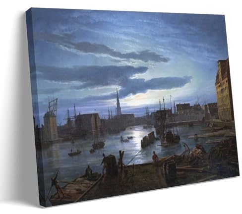 GAJUST Copenhagan Harbor Poster Copenhagen Harbor by Moonlight, gemalt von Johan Christian Dahl im Jahr 1846, Leinwanddruck, Kunstposter, Rahmen, 60 x 90 cm