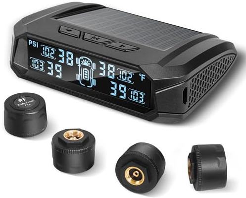 Masoll RV tire Pressure Monitoring System，Wireless TPMS Tire Pressure Monitor System with Solar Charger,RV TPMS with 4 tire Pressure Sensors & 6 Alarm Modes(0-87 PSI)