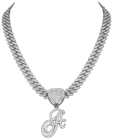 Flongo Damen Kette Silber Halskette: gold Iced out cuban link chain Kuban Plattenkette statement panzerkette modeschmuck Frauen choker hip hop schmuck ketten mit A Anhänger Geschenk für Herren Mädchen