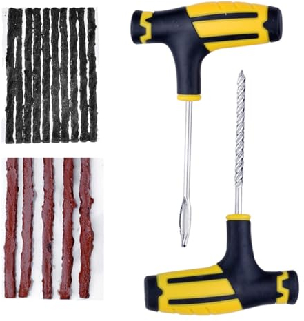 12 Pièces Kit D'Urgence de Réparation Rapide de Pneus, Tubeless de Réparation de Pneu Crevaison, Réparation de Pneu de Voiture Plug, Avec Colle Meche Pneu, Outil en T Spiralé und Insert d'Outil en T