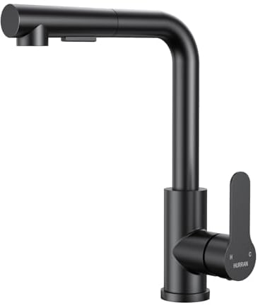 HURRAN Robinet Cuisine avec Douchette Extractible, Mitigeur Cuisine en acier inoxydable avec 2 Modes de Pulvérisation, Robinetterie de Cuisine Monocommande Pivotant à 360°, Noir Mat