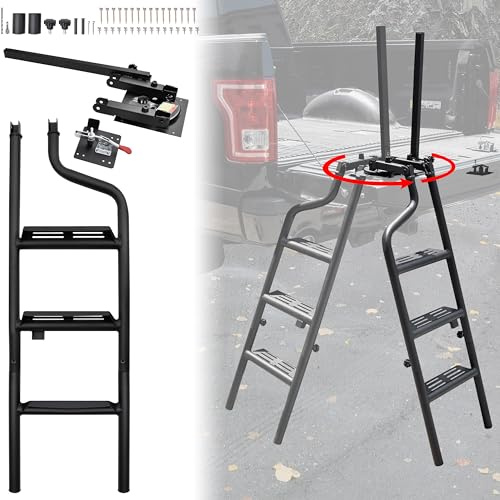 KEWISAUTO 106,7 cm faltbare und um 360° drehbare Heckklappenleiter mit Handlauf für Pickup-Truck, universelle klappbare Heckklappen-Trittleiter mit Haltegriff für Pickup-Zubehör