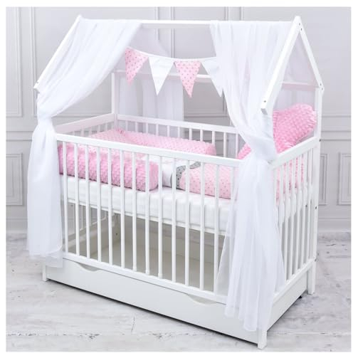 Baby Delux Babybett Komplett Set Hausbett 60x120 cm weiß Schublade Rausfallschutz Kinderbett Matratze Bettwäsche Deko Set (Princess Stars)