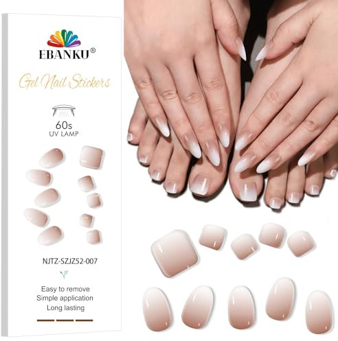 EBANKU Ongles Autocollants Adhesif, 24PCS French Nude Blanc Faux Ongle Autocollant Semi Durci UV 28PCS Autocollant Ongle Pied pour Ongles UV/LED Lamp Required Bandes de Vernis à Ongles en Gel