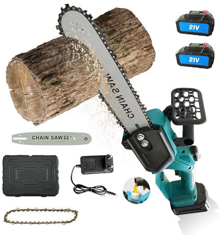 Mini Chainsaw Battery 12 Inch, motosierra portátil sin cuerda 1500w, 2 baterías, con cerradura de Seguridad para cortar madera y podar jardines
