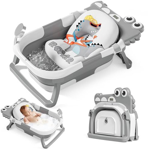 Baby Badewanne mit Thermometer, Krokodile Faltbare Babybadewanne mit Sitzmatte, Rutschfeste Babywanne, Tragbare Baby Bathtub für Neugeborene von 0-36 Monaten, Grau