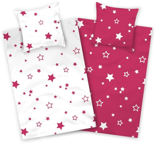 Aminata kids Bettwäsche 135x200 cm Sterne 100% Baumwolle Stern-Motiv, Reißverschluss weich & atmungsaktiv, Wende-Bettwäsche-Set Damen Mädchen pink
