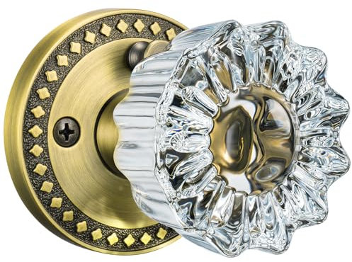 Calzibeno Brass Glass Door Knobs, Privacy Crystal Door Knobs Interior with Lock, Vintage Glass Door Knobs Interior for Bedroom Bathroom, Antique Brass Crystal Door Knob, 1 Pack