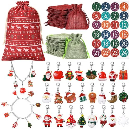 Jadive Adventskalender 2025 Armbänder Adventskalender für Frauen Weihnachtsschmuck mit 2 Armbänder, 24 Tage Weihnacht Countdown Spielset und 24 Charms Weihnachtsdekoration Geschenkfüllung