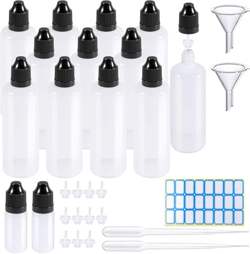 LATRAT 12 Stück 100ml Dropper Bottle Quetschflaschen mit Kindersicherung Deckel, Inkl 2 Stück 10ml Dropper Bottle, Transfer Pipette Trichter Etikettenaufkleber, für Liquids, Ätherische Öle, etc