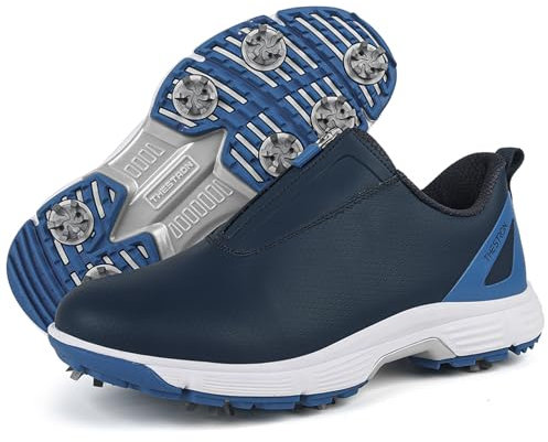 PENXZT Zapatos de Golf Impermeables para Hombres, Zapatillas de Golf para Entrenamiento al Aire Libre, Zapatillas de Cuero con Clavos y Cremallera, Zapatillas Deportivas de Golf,Azul,40 EU