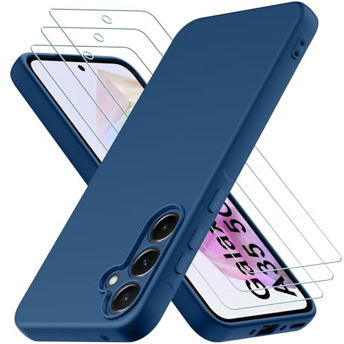 Oureidoo Cover per Samsung Galaxy A35 5G con 3 Pezzi Pellicola Vetro Temperato, Custodia in Morbida Silicone Liquido, Sottile e Antiurto con Rivestimento in Microfibra AntiGraffio, Blu