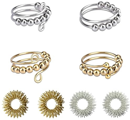 AMSNINK 4 Stück Verstellbare Anti Stress Ring Mit 4 Stück Akupressur Ring, Fidget Ring, Anxiety Ring, Stress Ring, Skills Ringe, Antistress Ringe, Für Mädchen Und Frauen Stress Relief Ängstlichkeit