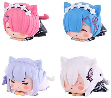 Tongyundacheng 4pcs Rem and Ram Figures Re 0 Anime Cartoon Remu Ramu Emilia Cute Mini Figurine Set Collectible Model Home Car Decoration Ornaments 6cm