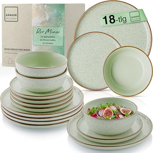 SÄNGER Rio Minze | Tafelservice 18 teilig, Steingut Geschirr Set 6 Personen, 6x Speiseteller 6x Dessertteller 6x Schalen Geschirrset und Schale mintgrün | VALUE COLLECTION