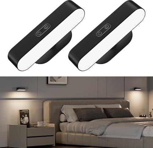 Hensam Wall Lights, Rechargeable Battery Operated Wall Sconces for Bedroom, LED Wireless USB Wall Lamps Indoor for Bedside, 5 Modes Stick on Magnetic Wall Light for Picture, 2 Pack