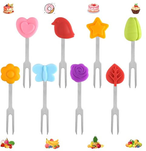 8 Stück Obstgabeln aus Edelstahl, Mini Piekser Fingerfood Kinder, Wiederverwendbare Obstgabeln Kinder mit Silikon Deko, Food Picks für Obst, Kuchen und Dim Sum