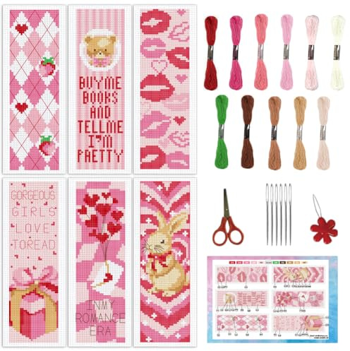 INFUNLY 6PCS rosa Kreuzstich Lesezeichen Kit Erdbeere DIY Kreuzstich Set Pre-Printed Kaninchen gestempelt Stickerei Lesezeichen Kit mit Anleitung für Anfänger Erwachsene Buchliebhaber Mädchen Geschenk