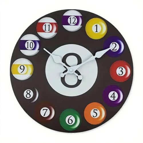 perfk Wanduhr mit Holzrahmen, Billard-Thema, arabische Ziffern, 12-Stunden-Anzeige, kreisförmige Wanddekoration für Garage, Loft, Einweihungsparty, 12 Inch