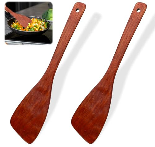 BOHUIZ 2 Pcs Wooden Spatula for Cooking, 12.8 Inches Natural Wood Spatula for Non-Stick Cookware, Flat Wood Spatulas for Cooking, Long Handle Wooden Utensils for Pan and Wok