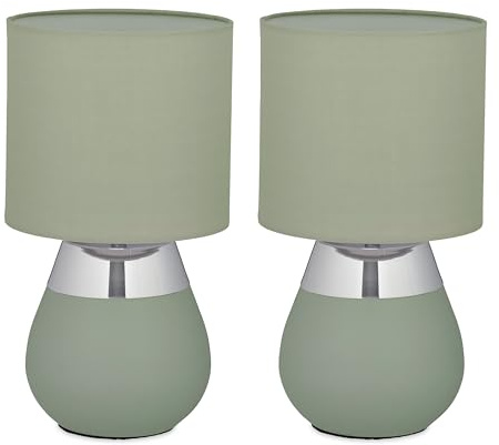Relaxdays Tischlampe, 2er Set, Metallfuß, Stoffschirm, E14, H x D: 32 x 18 cm, Nachttischlampe mit Kabel, grün/Silber