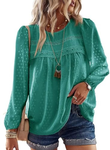 TUUHAW Top Femme Boho Col Rond Chemise Manches Longues Dentelle | Blouse Haut Chic et Élégant Chemise Automne, Tunique à Point Suisse, T-Shirts Mousseline Hauts Décontracté Loose