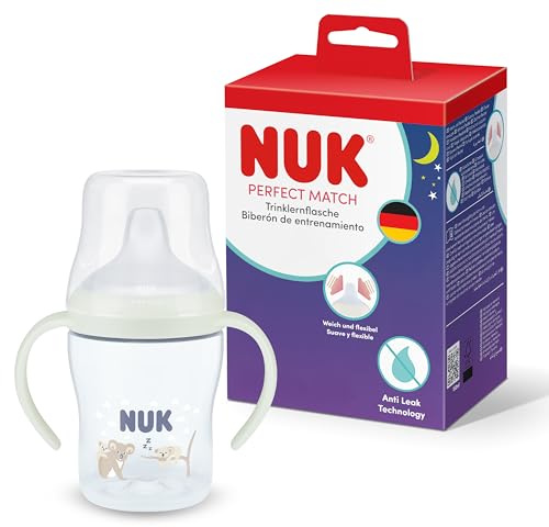 NUK Perfect Match Learner Bottle | 6+ Months | 150ml | Leak Proof Sippy Cup Toddler Bottle | Anti-Slip Handles | Glow in the Dark | Koala | 1 Count