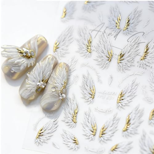 3D Angel Wing Nail Art Stickers, White and Gold Embossed Nail Decals, Self-Adhesive Nail Design Decorations, 2Sheet