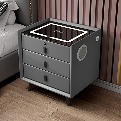 LED-Nachttisch mit kabellosem Laden, Fingerabdrucksperre, Bluetooth-Lautsprecher und dreifarbigem Licht – stilvoller Organizer-Aufbewahrungsschrank für Schlafzimmer und Wohnzimmer