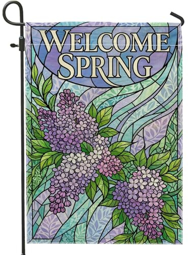 Flieder Gartenflagge, Frühlingsblumen, Blätter, Wellen, Frühling, violett, Jute, doppelseitig, für Außenbereich, Terrasse, Rasen, Veranda, Eingang, Campingplatz, 30,5 x 45,7 cm
