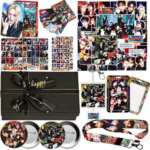 Run It Album-Geschenkbox-Set, inklusive 127-teiligem Stray Kids Run It Fotokarten-Set, 40-teiliges Album-Aufkleber-Set, 1 Schlüsselband, 1 Kartenhalter, 1 Schlüsselanhänger und 2 Abzeichen SKZ Merch