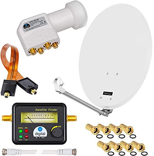 HD Digital SAT Anlage 60cm Spiegel Schüssel Hellgrau Stahl + Quad LNB Weiß 4 Teilnehmer zum Empfang von DVB-S/S2 Full HD 3D Ultra HD (UHD) Signale + Sat-Finder + Fensterdurchführung + F-Stecker