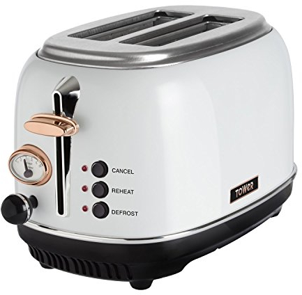 Tower Bottega T20016W 2 Slice Stainless Steel Toaster with Adjustable Browning Control, Defrost and Reheat Settings, White and Rose Gold