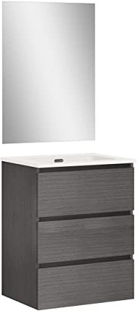 Baikal | Conjunto Completo de Mueble de Baño Suspendido a la Pared con Lavabo Cerámico y Espejo | Tres Cajones, Cierre Amortiguado, Melamina 16mm | Mueble MONTADO | Ceniza | 60cm