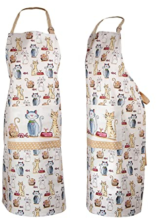 SPOTTED DOG GIFT COMPANY Delantal da Cocina Mujer y Hombre con Gatos, Mandil de Cocina, 100% Algodón, Ajustables con Bolsillo, Accesorios de Cocina y Regalos Originales para Amantes de los Gatos
