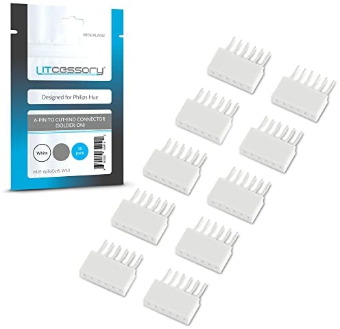 Litcessory 6-Polig auf Gekürztes Ende Lötverbinder für Philips Hue Lightstrip Plus (Lötbar) (10 Stück, Weiß - MIKRO 6-POLIG V4 / Solo Lightstrip)