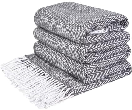 LYHome Baumwolldecke mit Fransen Geeignet als: Kuscheldecke Groß, Tagesdecke Bettüberwurf, Sofadecke, Couchdecke, Wohndecke und Schlafdecke. Robuste Decke 140 cm x 200 cm/Tiefgrau/Zickzack