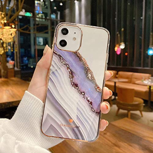 OWM iPhone 12 Case/iPhone 12 Pro Case Marble Stone Bling Silicone Bumper Gold Edging Slim Soft Back Shockproof Phone Cover Compatible for iPhone 12 / iPhone 12 Pro [6.1 Inches] - Purple Marble