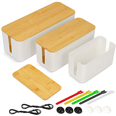 Kabelbox,Kabel Organizer Box zum Verstauen von Steckdosenleisten, Kabelkiste in Nussbaum-Holzoptik, Kabelmanagement Box mit Bambusdeckel (3-teiliges Set Kabelboxen,Weiß)