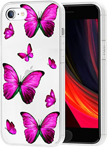 Yerebel Schutzhülle für iPhone SE 2020, iPhone 8, iPhone 7, niedlich, transparent, flexibel, stoßfest, TPU, weiches Gummi, Silikon, Handyhülle für iPhone SE 2020 (Rose Schmetterling)