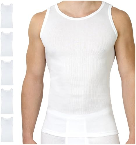 SES Canottiera da uomo a doppia coste, confezione da 5 pezzi, da uomo, in 100% cotone/da uomo, con vestibilità aderente, bianco, XL
