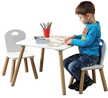 MDF Kindertisch SET mit 2 Stühlen | FSC genehmigte Sitzgruppe | Holztisch, inklusive 2x Hochstuhl | Maße: Tisch 55 x 45 x 55 cm. | Maße: Stuhl 27 x 53 x 27 cm. | 3 - teiliges SET | Farbe: WEISS