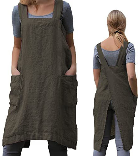 ZQFFB Schürze mit Kreuzrücken, für Damen, mit Taschen, japanischer Kittel für Arbeit, Gartenarbeit, Kochen, Malen, Backen