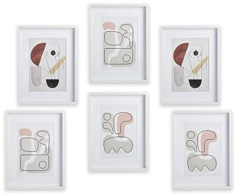 nielsen 6-Piece Wooden Picture Frame Gallery Set, White 30x40cm with White Mount to fit A4 Poster, Abstract Prints included