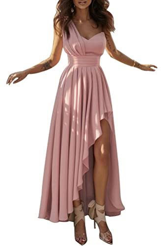 shownicer Femme Cocktail Robe Asymétrique Ourlet Solide Profonde V Robes de Soirée Sexy Elegant Taille Haute sans Manche Robe B Rose S