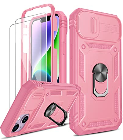 LeYi for iPhone 14 6.1'' Case with Camera Cover Slider, 360° Full Body Armour Military Protective Shockproof Phone Cover | 2 Pack Tempered Glass Screen Protector | Ring Stand Holder | Pink