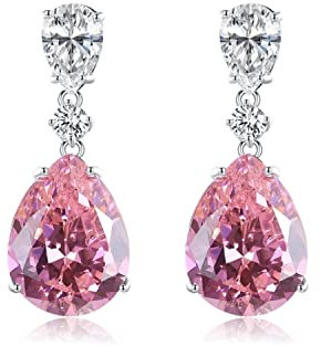 Bellitia Jewelry Orecchini Zirconi Cubici in Argento Sterling 925 per Donna, Orecchini Pendenti a Forma di Pera, Pietra Rosa Gioielli da donna