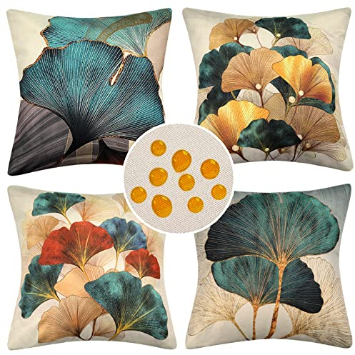 Wasserdichte Kissenbezug 4 Stück 40 x 40 cm Dekorative Outdoor Set Türkis Gold Ginkgo Deko Kissen Kissenhülle Dekokissen Landhausstil Dekorative Sofakissen Leinen Kissenbezüge Decor für Garten Outdoor